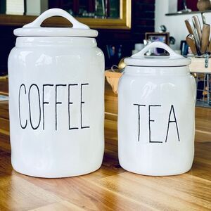NWT Gorgeous TEA & COFFEE w/ Dimples  White & Black Glossy Ceramic Canister Set